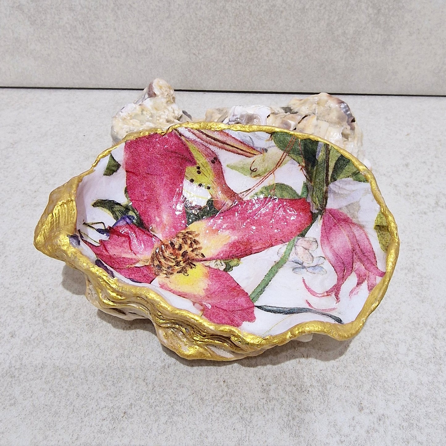 Pink Iris Flower Medium Oyster Shell Trinket Dish