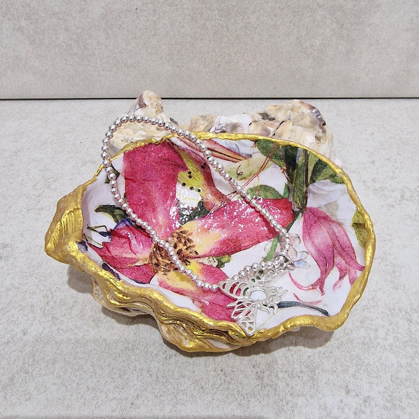 Pink Iris Flower Medium Oyster Shell Trinket Dish