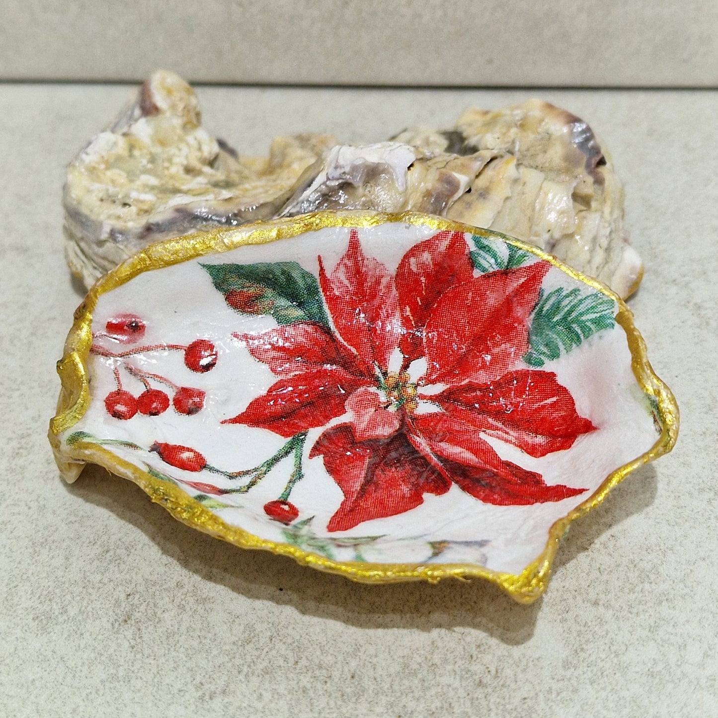 Christmas Poinsettia Red Flower Oyster Shell Decorative Trinket Dish
