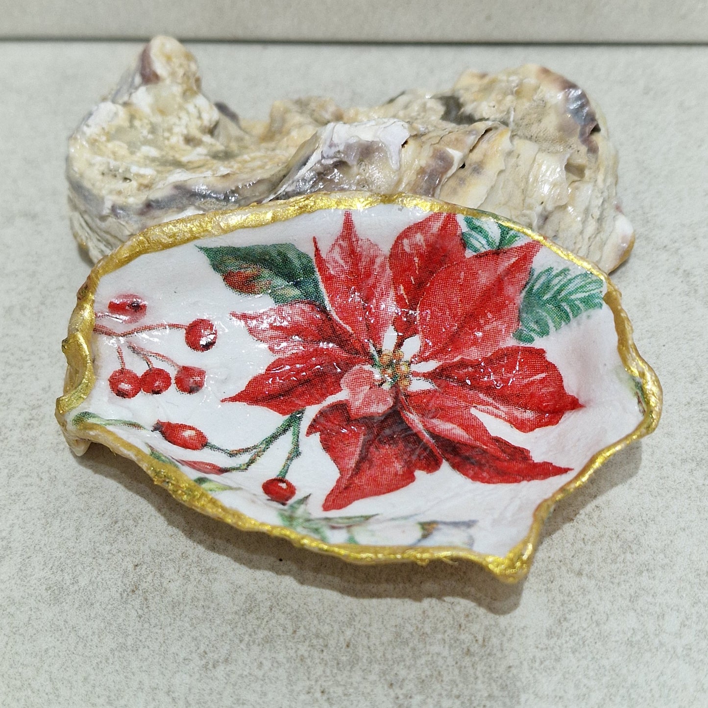 Christmas Poinsettia Red Flower Oyster Shell Decorative Trinket Dish
