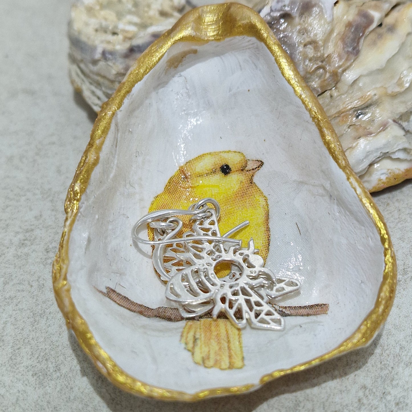 Canary Yellow Bird Flower Oyster Shell Trinket Dish