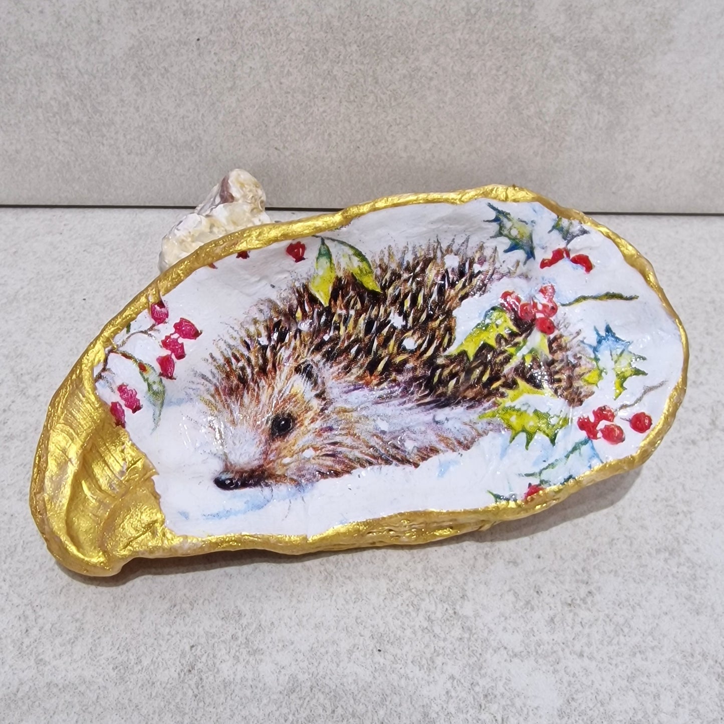 Hedgehog Winter Oyster Shell Trinket Dish