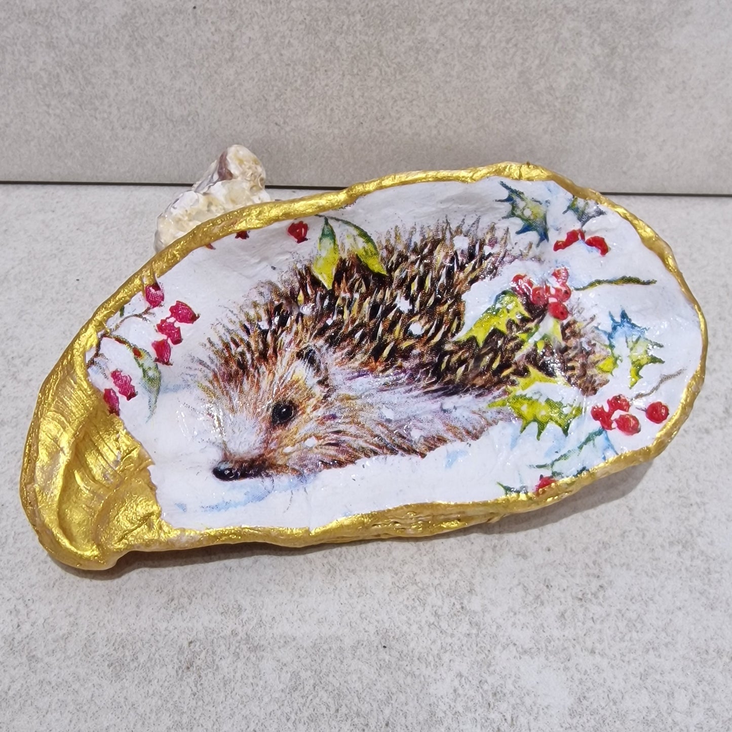 Hedgehog Winter Oyster Shell Trinket Dish