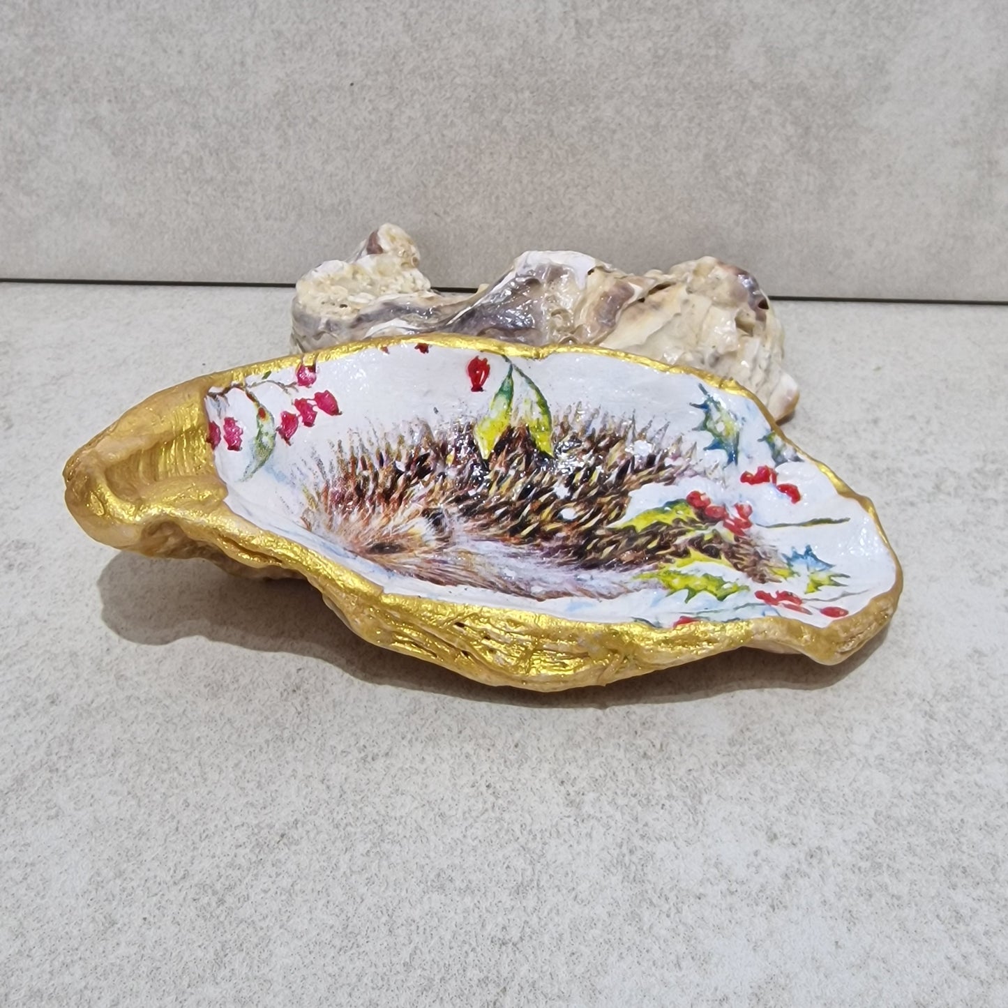 Hedgehog Winter Oyster Shell Trinket Dish