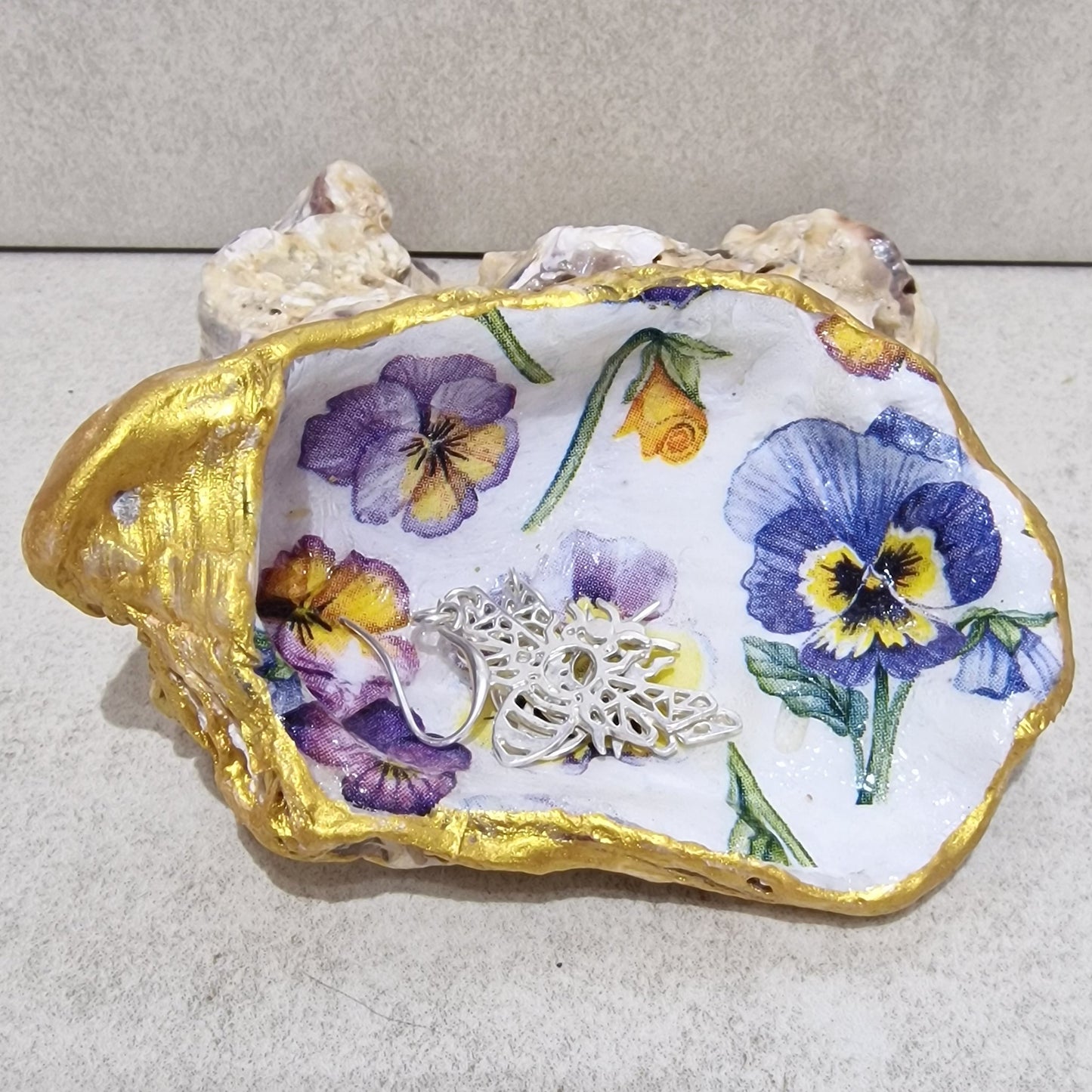 Pretty Pansies Oyster Shell Trinket Dish