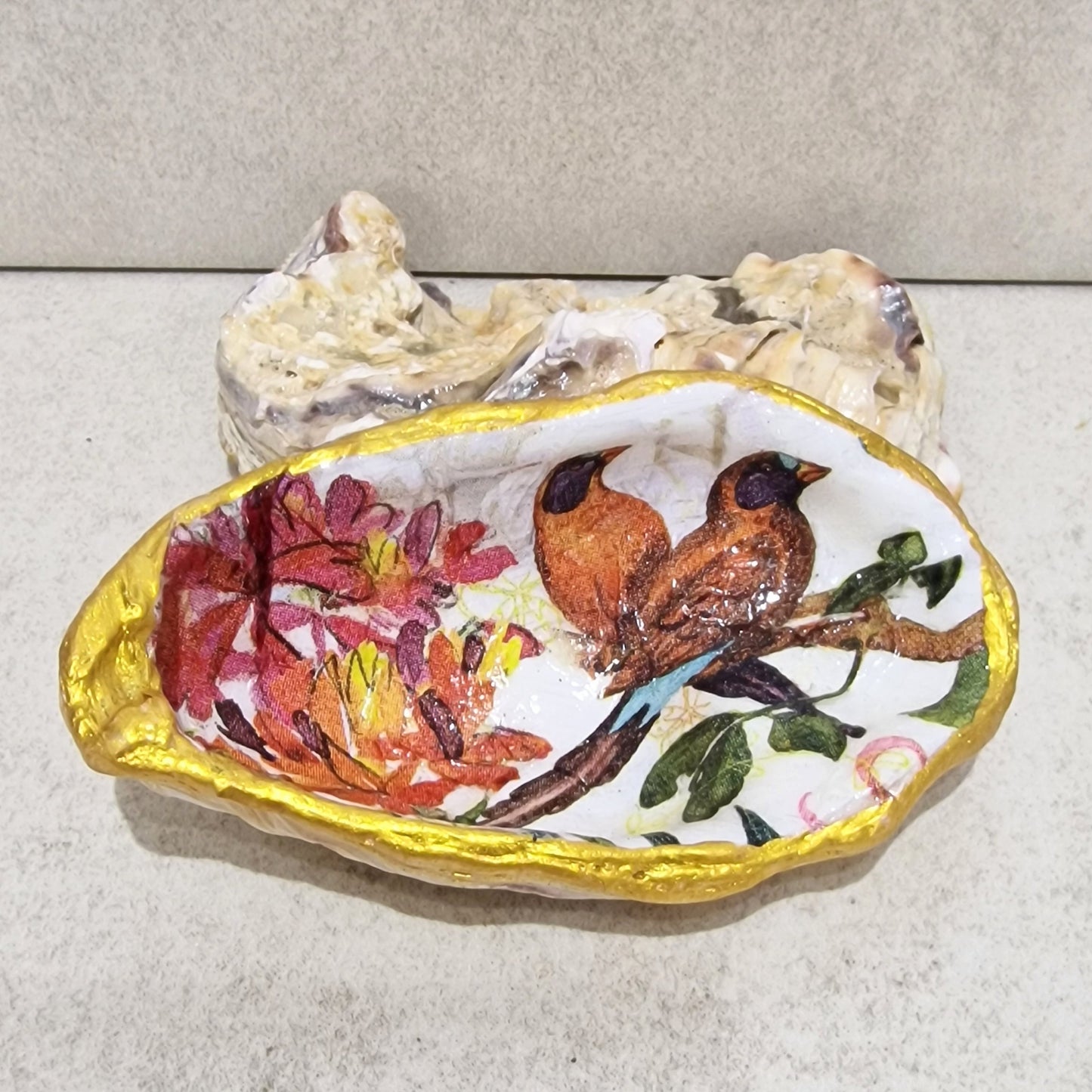 Brown Birds Flowers Autumn Oyster Shell Trinket Dish