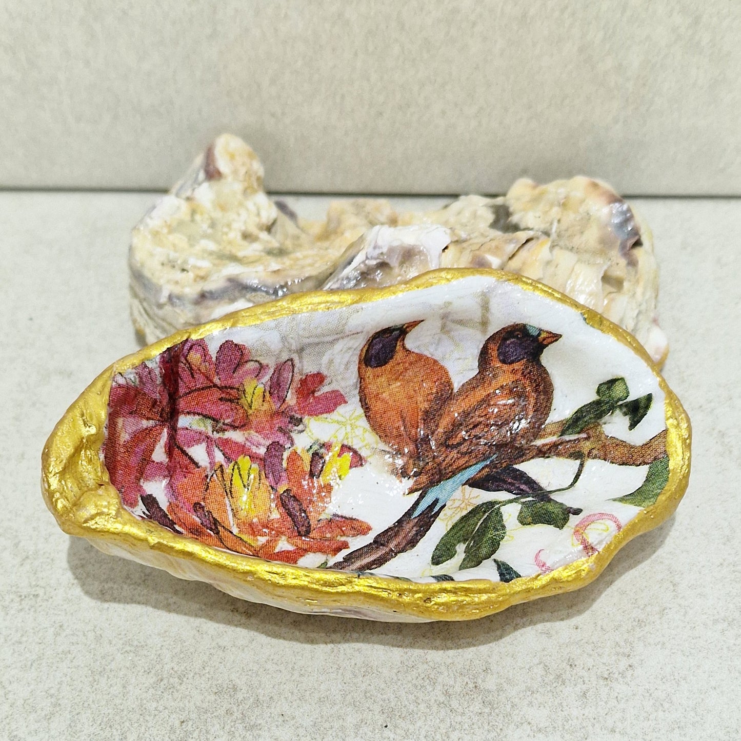 Brown Birds Flowers Autumn Oyster Shell Trinket Dish