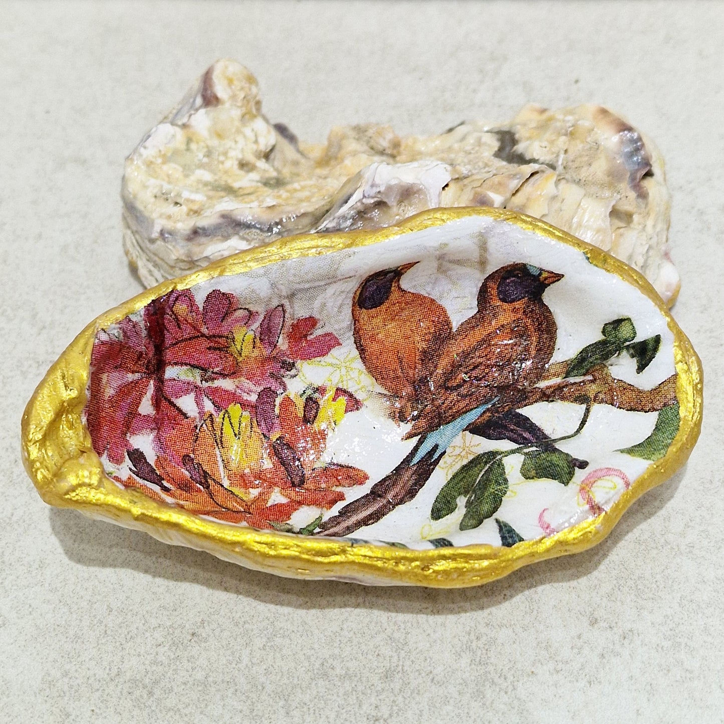 Brown Birds Flowers Autumn Oyster Shell Trinket Dish