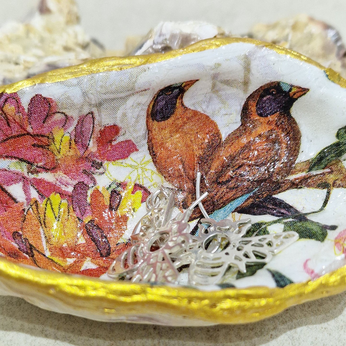 Brown Birds Flowers Autumn Oyster Shell Trinket Dish