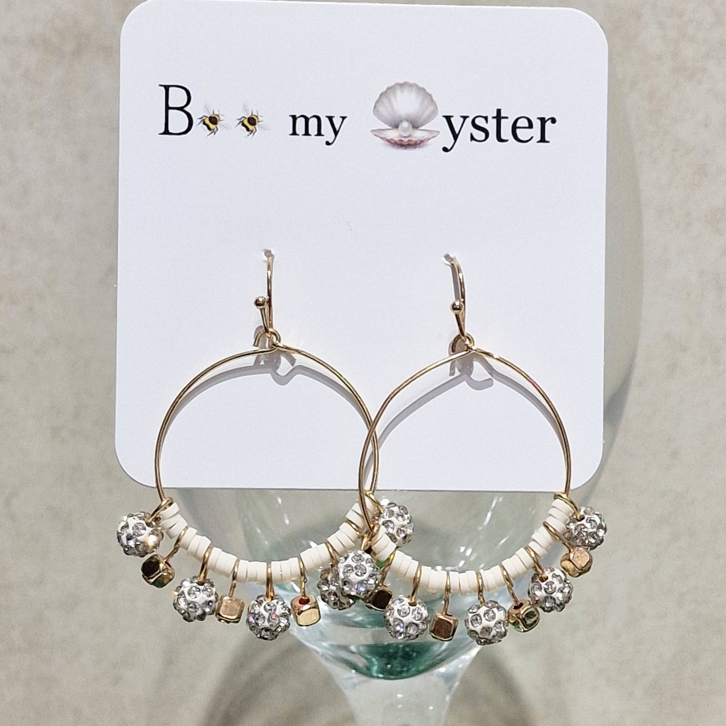 White Clear Crystal Ball Beaded Pierced Hoop Fashion Earrings