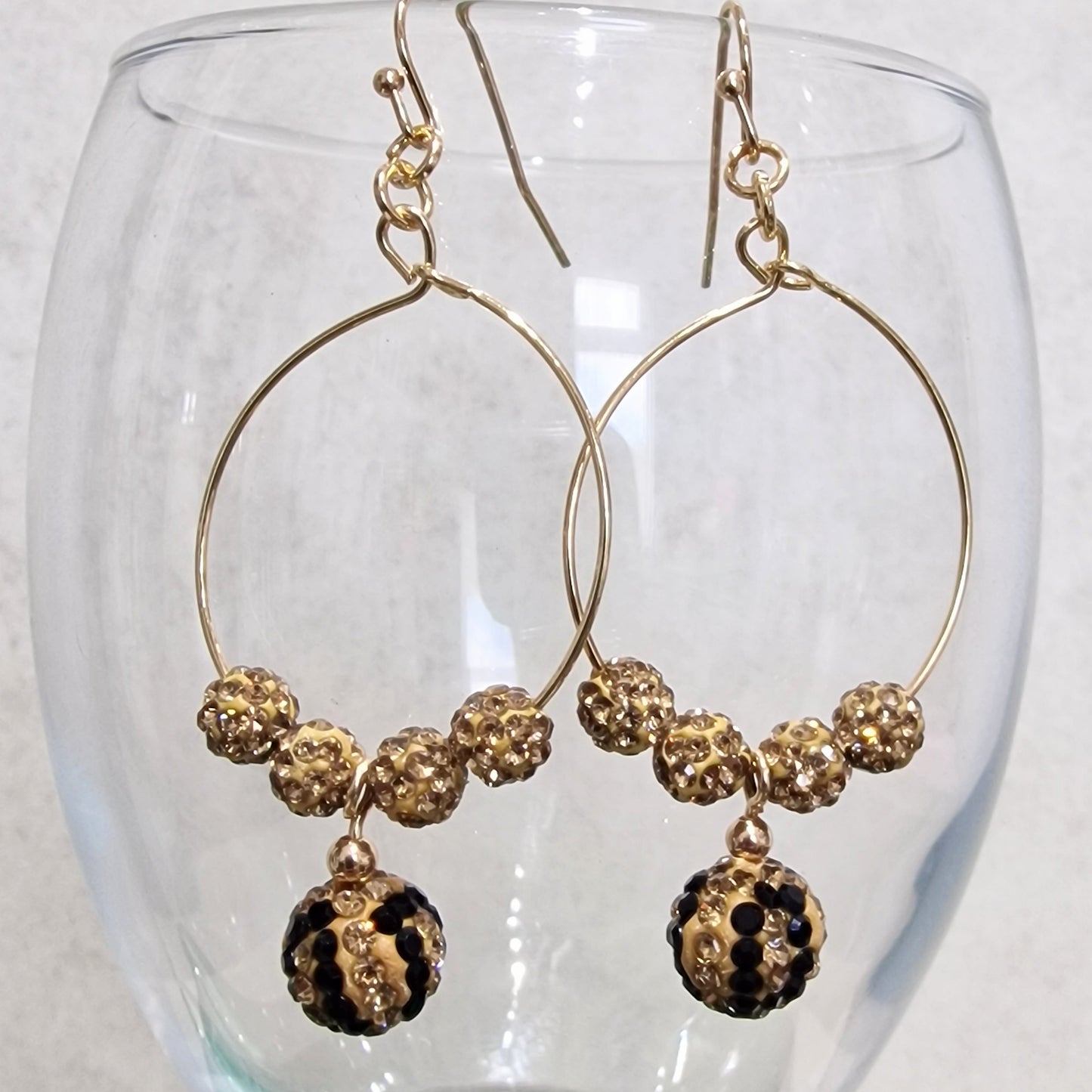 Leopard Print Crystal Ball Pierced Hoop Gold Fashion Earrings