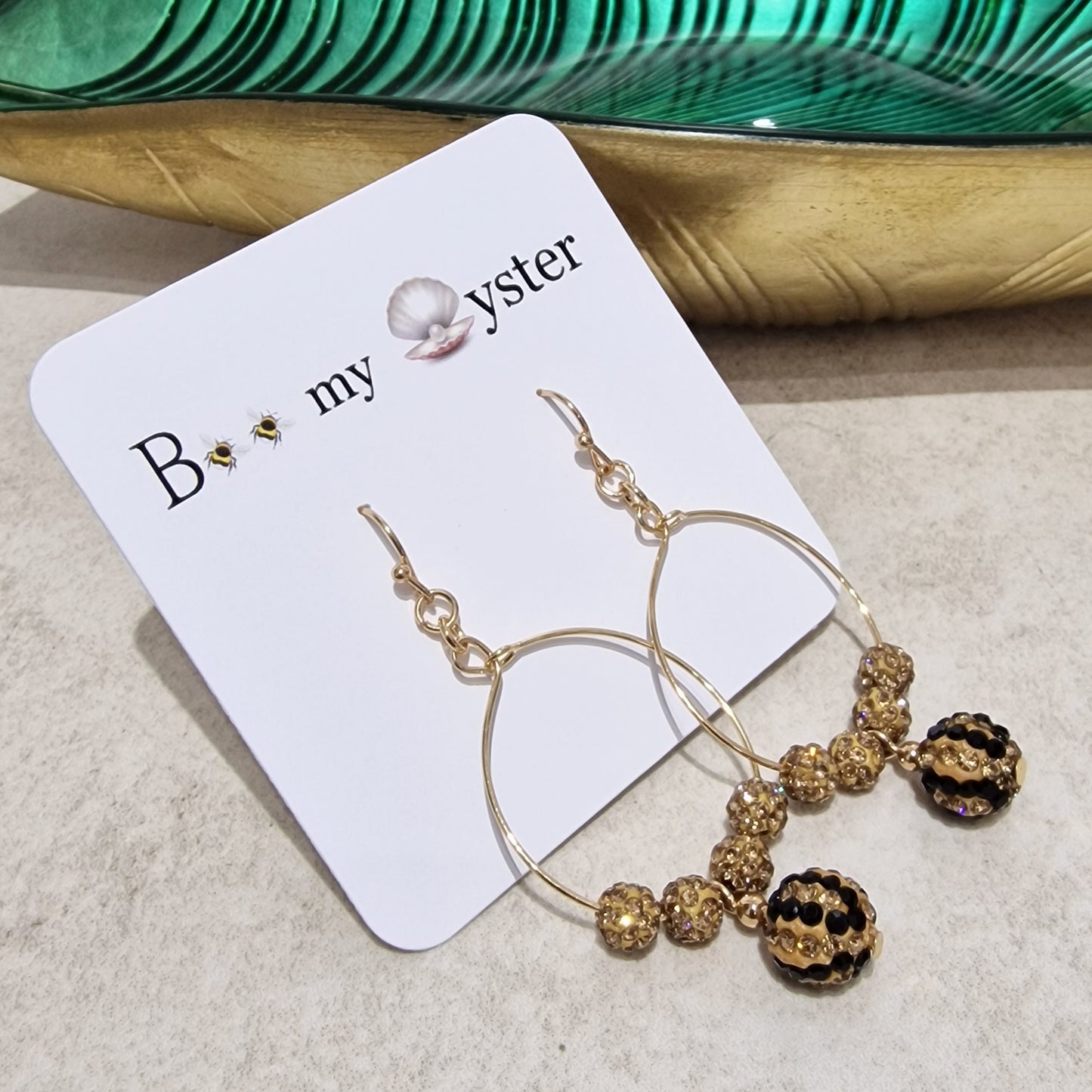 Leopard Print Crystal Ball Pierced Hoop Gold Fashion Earrings