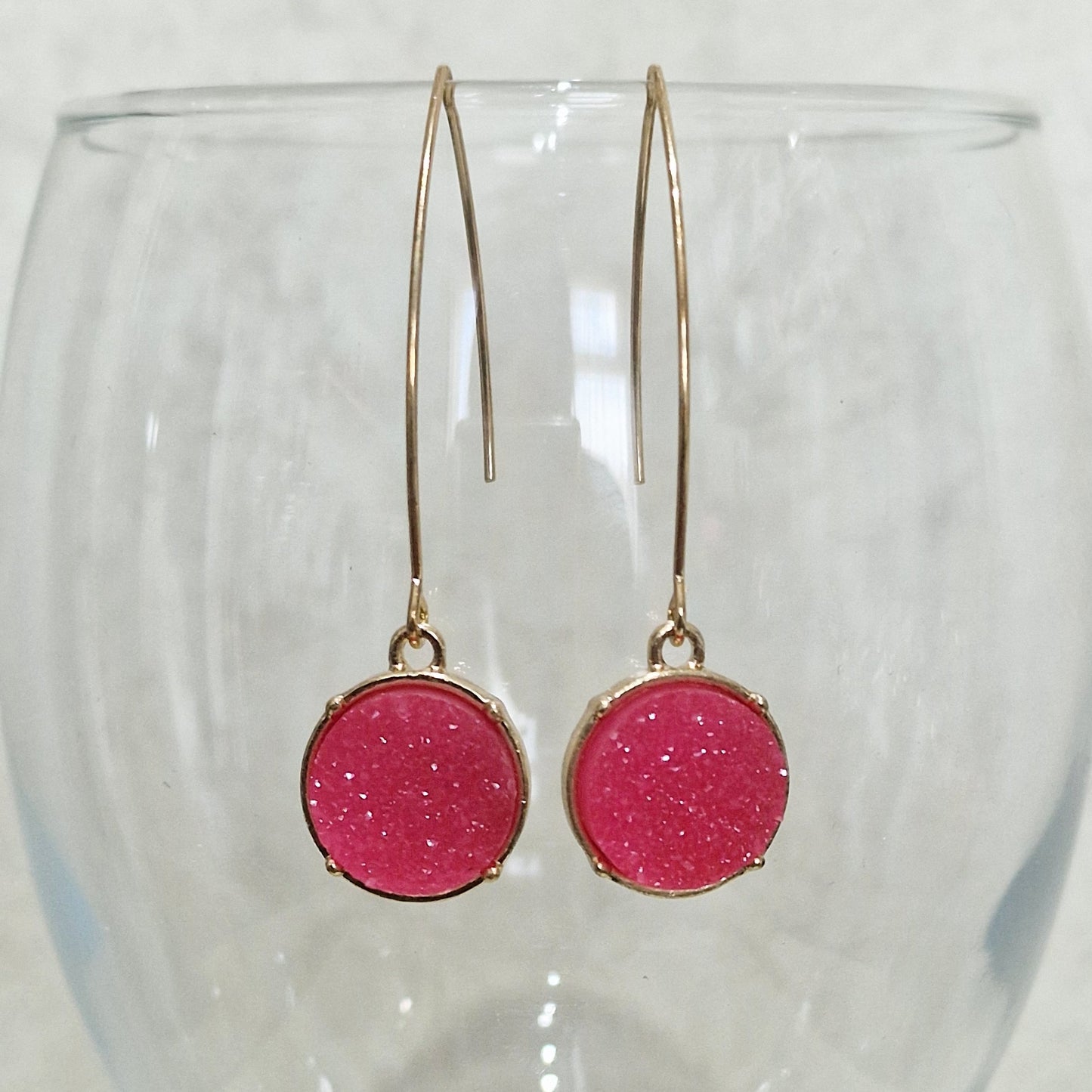 Fushia Pink Druzy Long Pierced Fashion Earrings