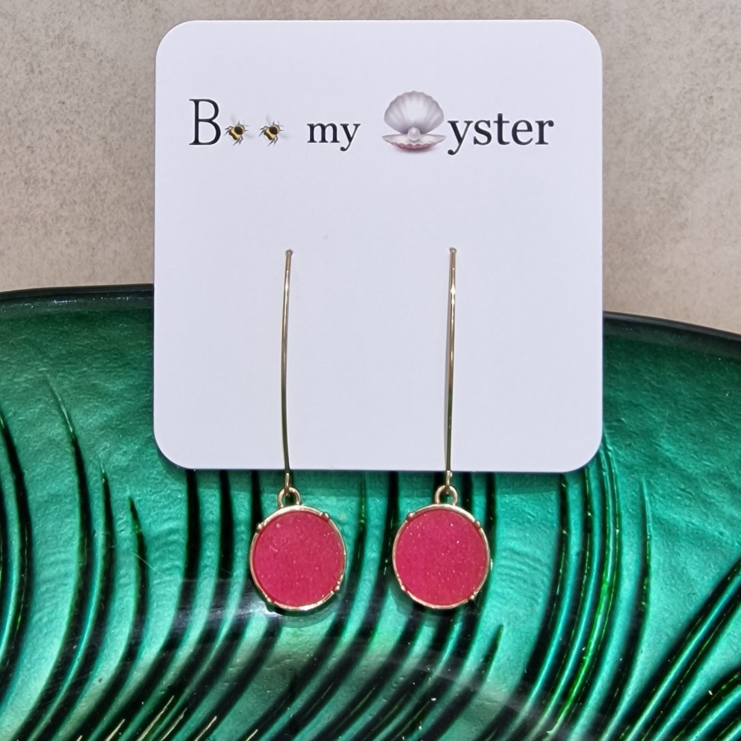 Fushia Pink Druzy Long Pierced Fashion Earrings