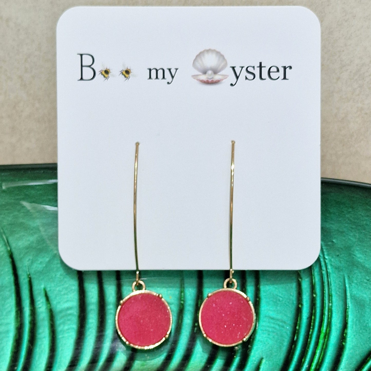 Fushia Pink Druzy Long Pierced Fashion Earrings
