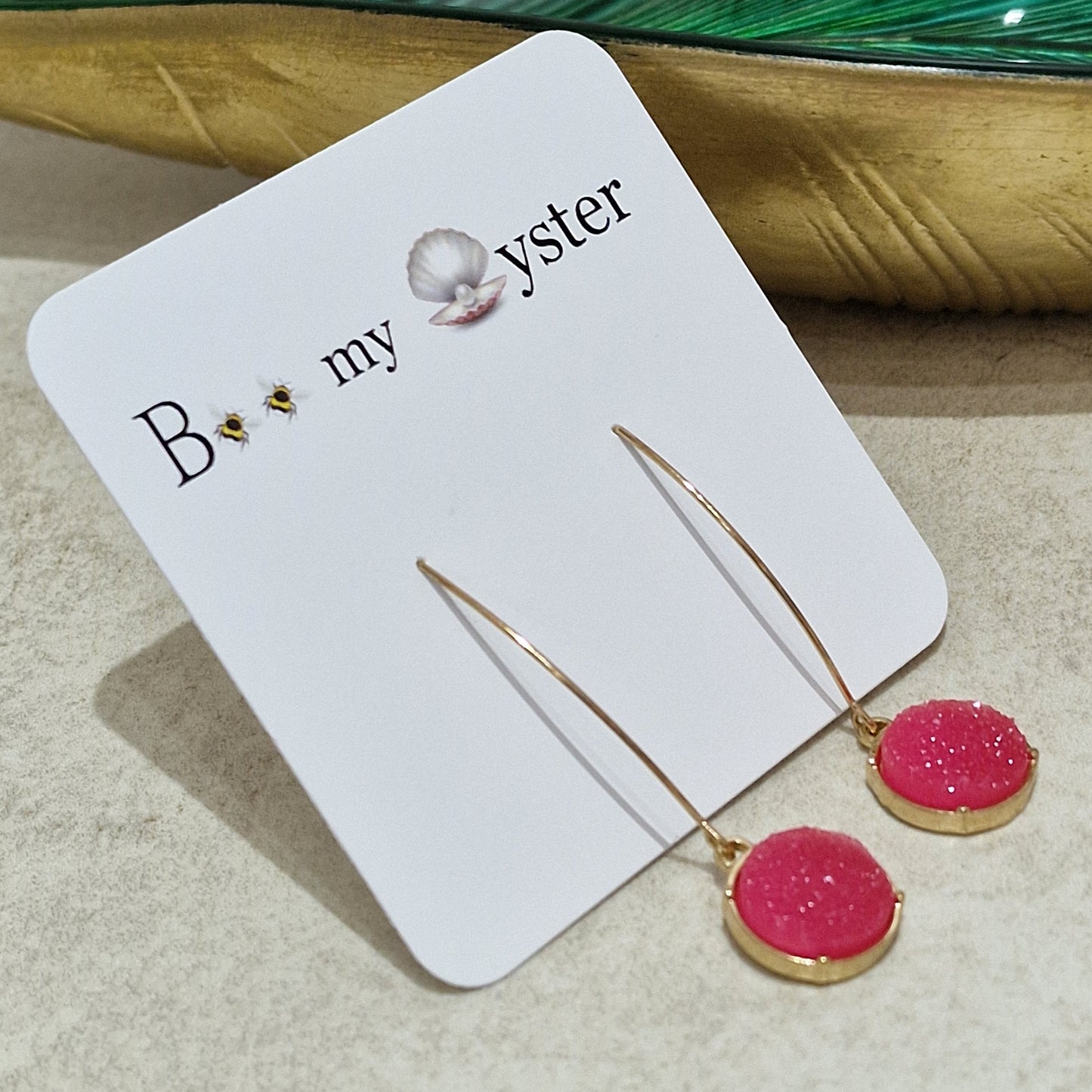 Fushia Pink Druzy Long Pierced Fashion Earrings