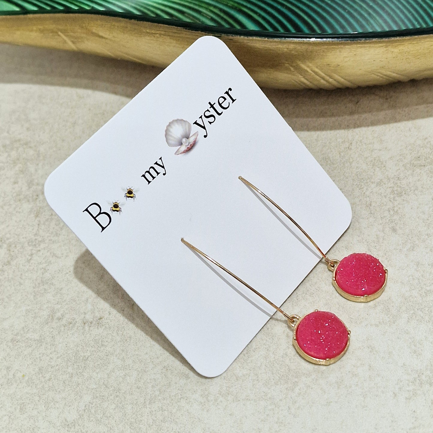Fushia Pink Druzy Long Pierced Fashion Earrings