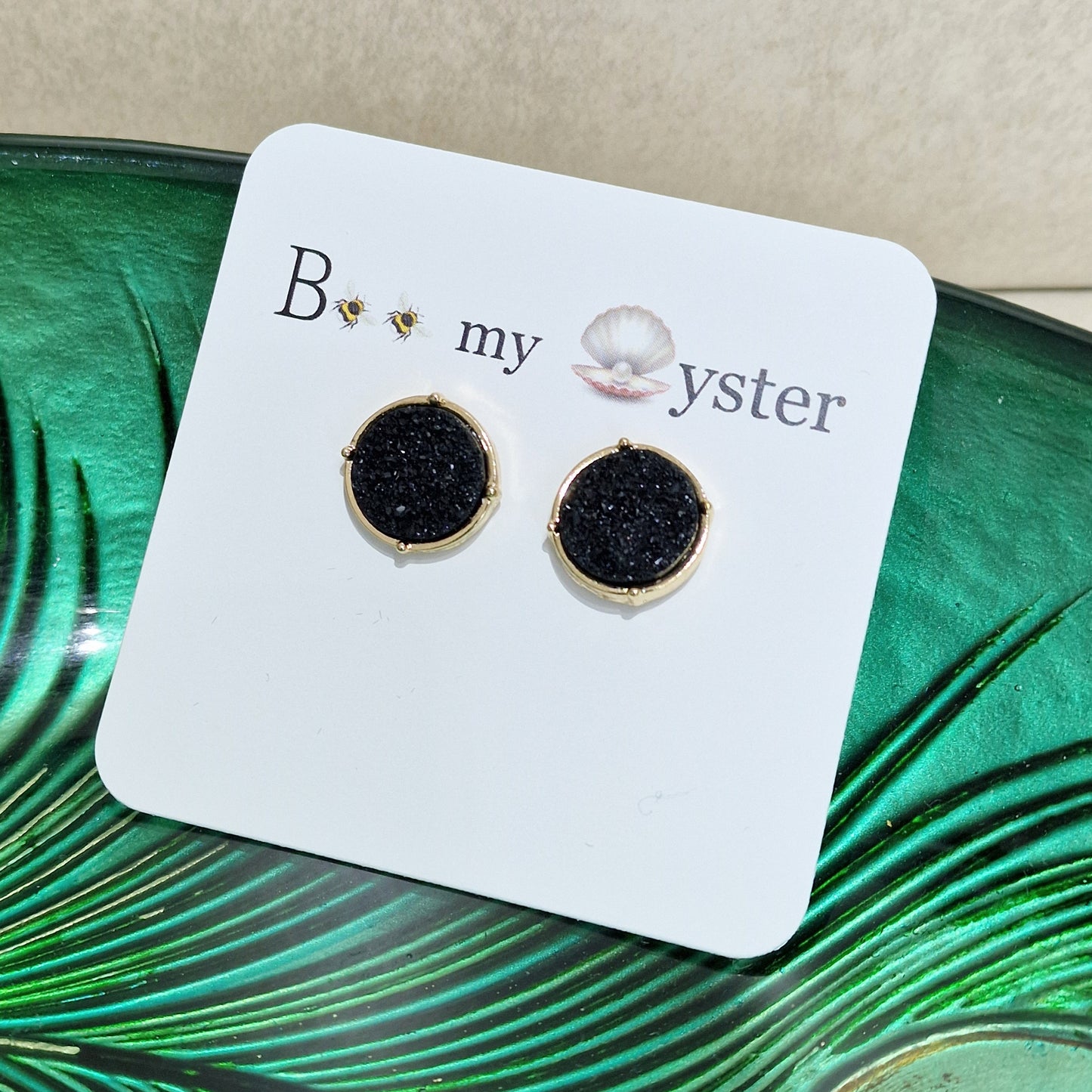 Black Druzy Stud Pierced Fashion Earrings