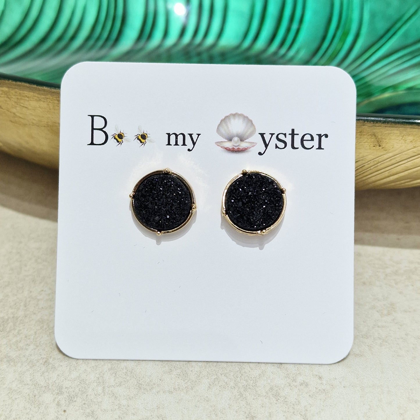 Black Druzy Stud Pierced Fashion Earrings