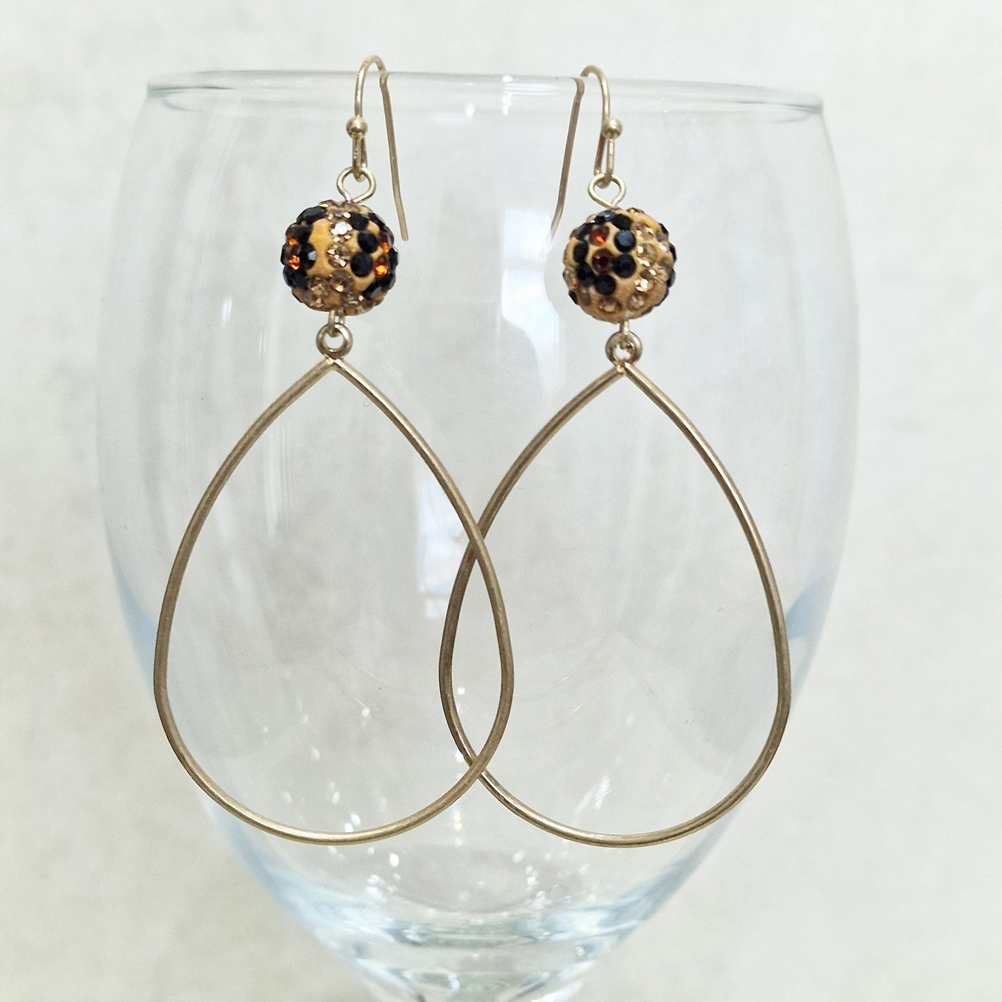Leopard Print Crystal Ball Pierced Teardrop Hoop Gold Fashion Earrings