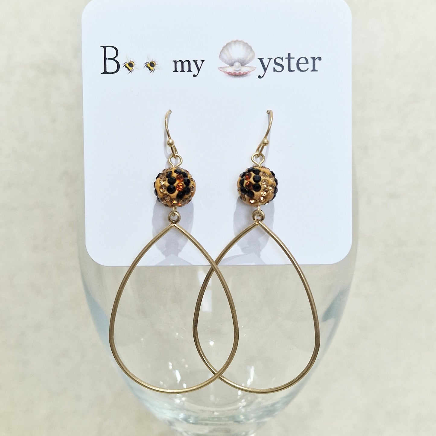 Leopard Print Crystal Ball Pierced Teardrop Hoop Gold Fashion Earrings