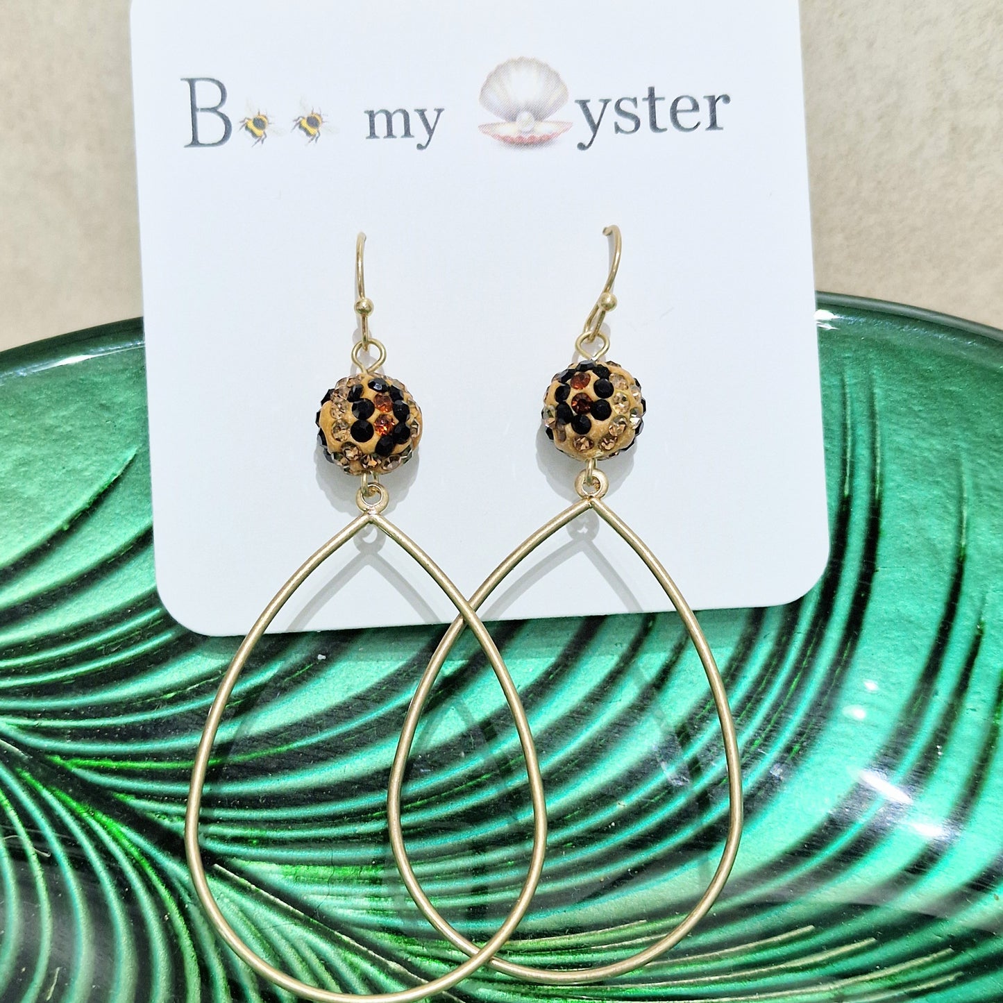 Leopard Print Crystal Ball Pierced Teardrop Hoop Gold Fashion Earrings