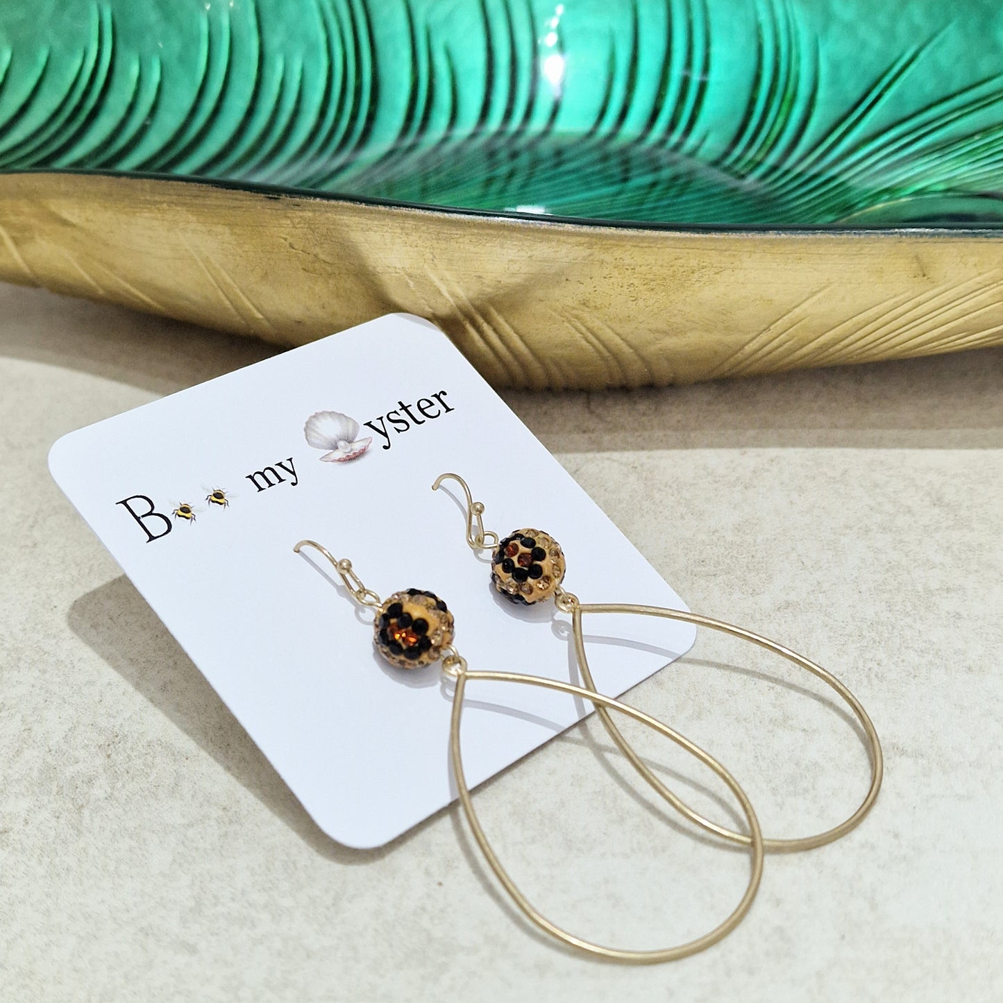 Leopard Print Crystal Ball Pierced Teardrop Hoop Gold Fashion Earrings