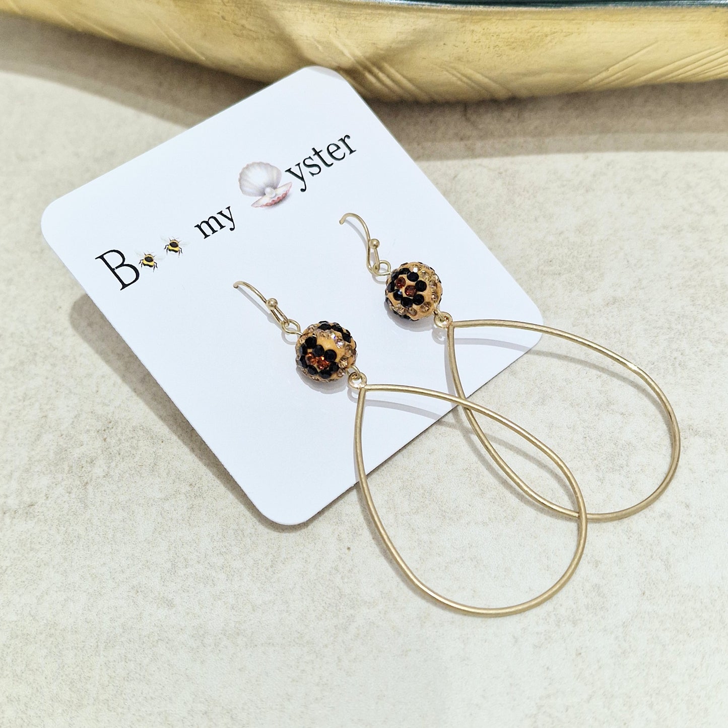 Leopard Print Crystal Ball Pierced Teardrop Hoop Gold Fashion Earrings