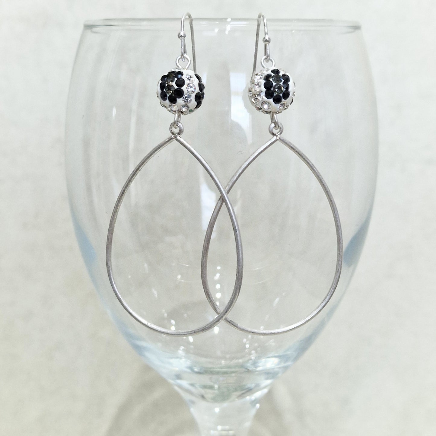 Zebra Crystal Ball Pierced Teardrop Hoop Silver Fashion Earrings