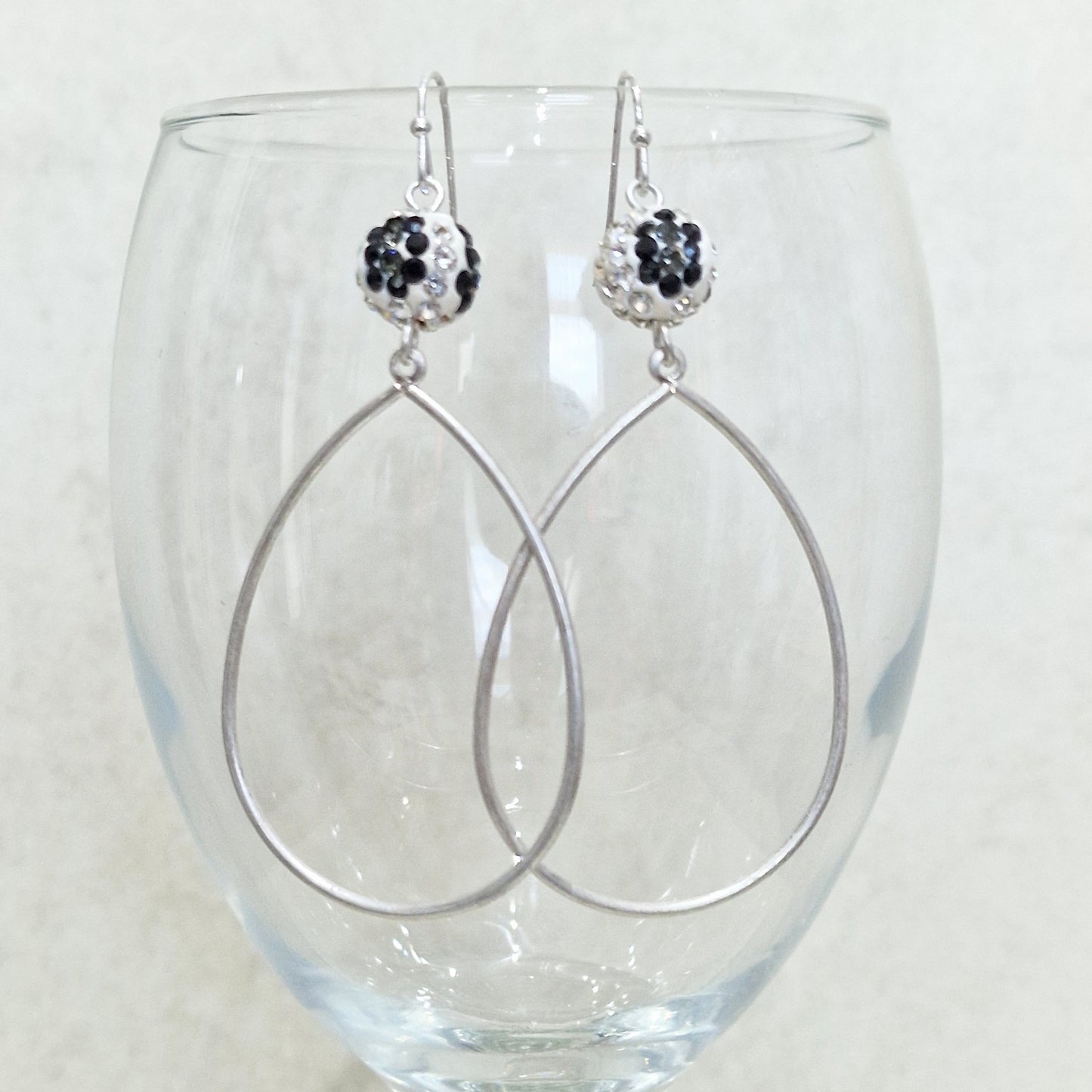 Zebra Crystal Ball Pierced Teardrop Hoop Silver Fashion Earrings