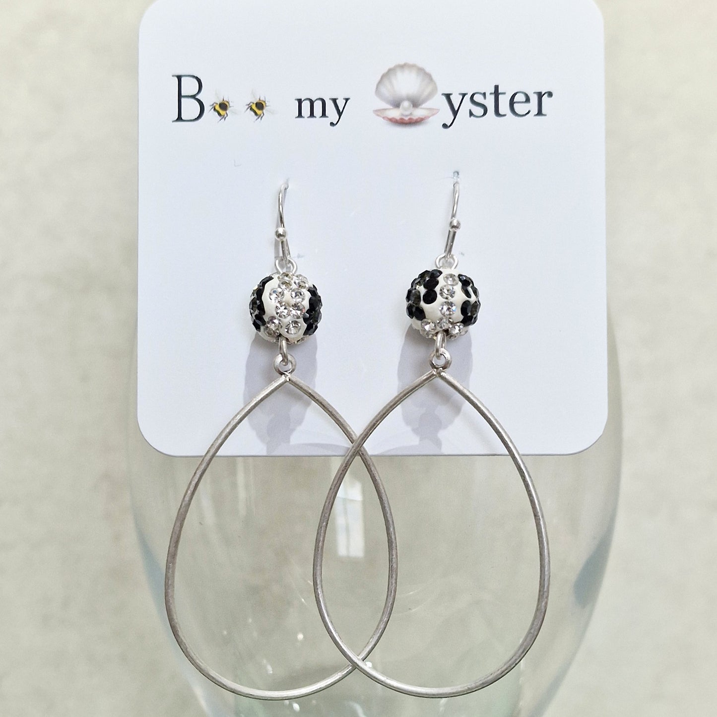 Zebra Crystal Ball Pierced Teardrop Hoop Silver Fashion Earrings