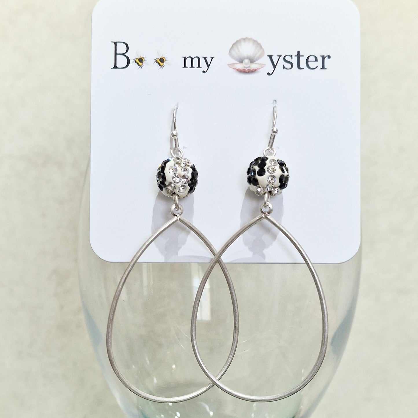 Zebra Crystal Ball Pierced Teardrop Hoop Silver Fashion Earrings