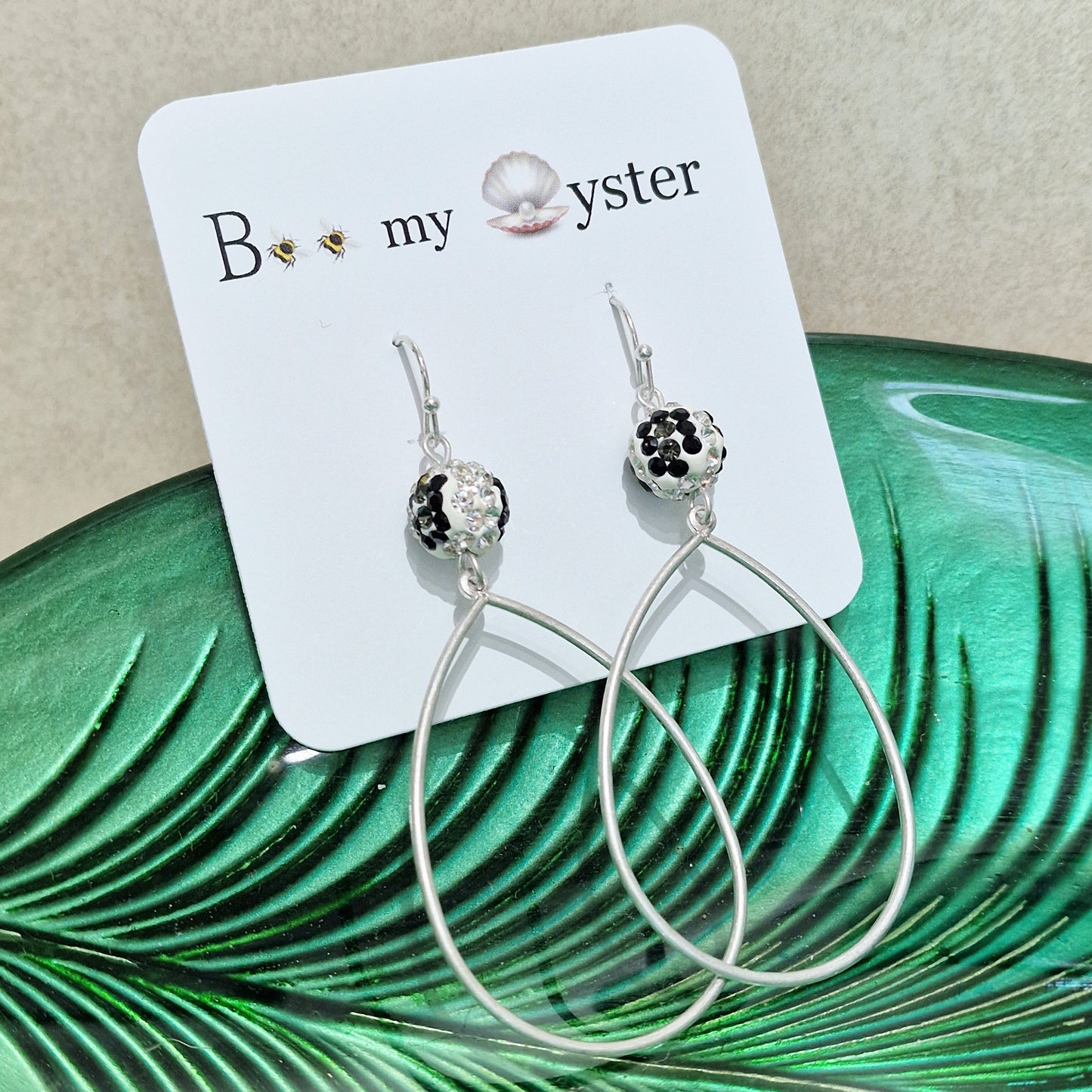 Zebra Crystal Ball Pierced Teardrop Hoop Silver Fashion Earrings