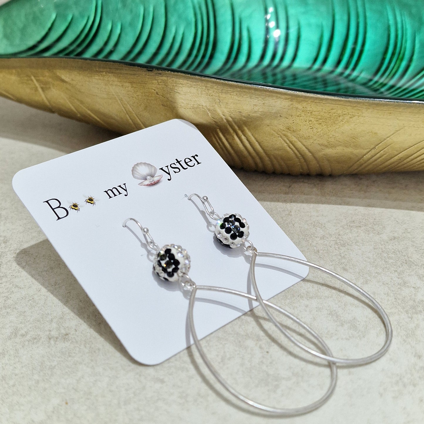 Zebra Crystal Ball Pierced Teardrop Hoop Silver Fashion Earrings