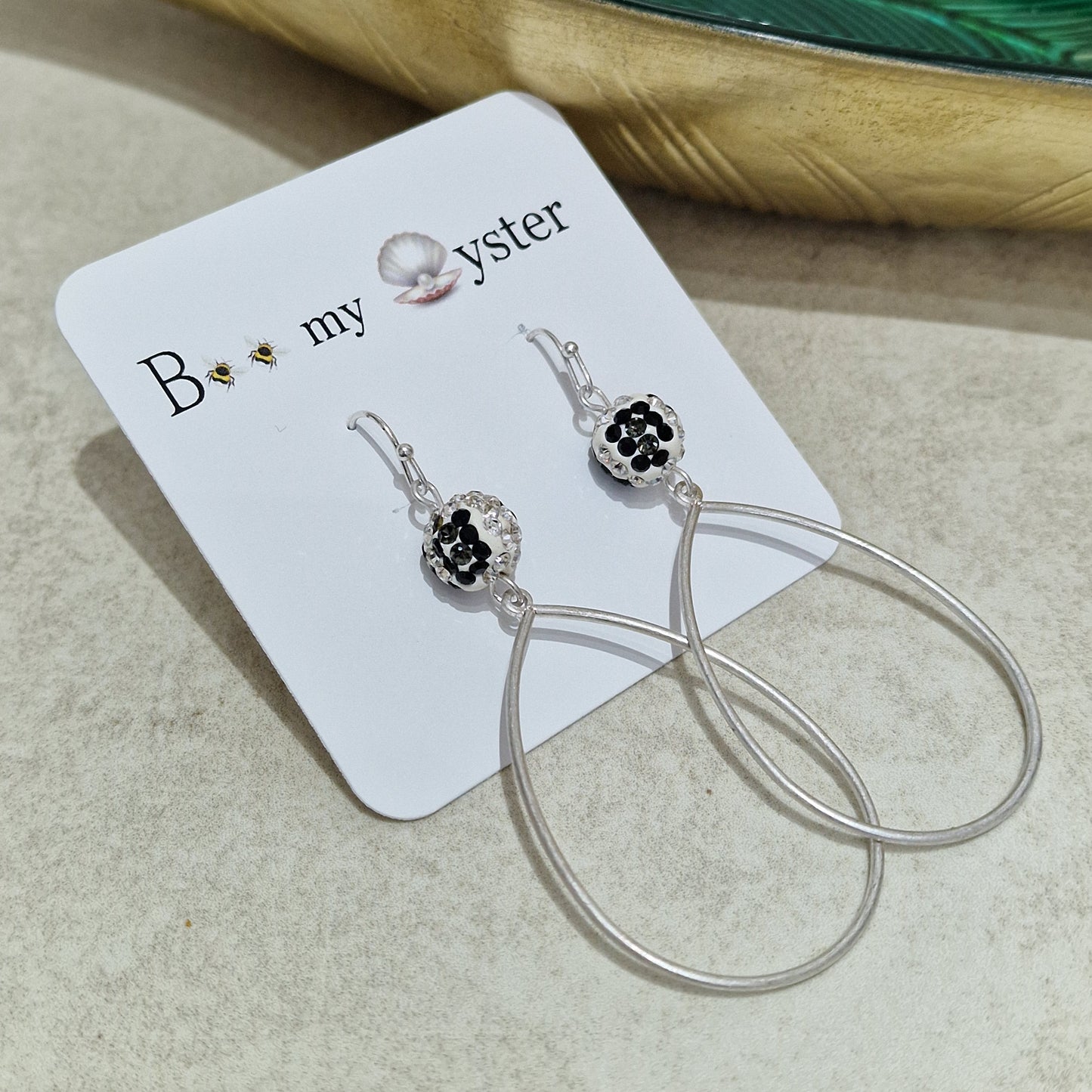 Zebra Crystal Ball Pierced Teardrop Hoop Silver Fashion Earrings