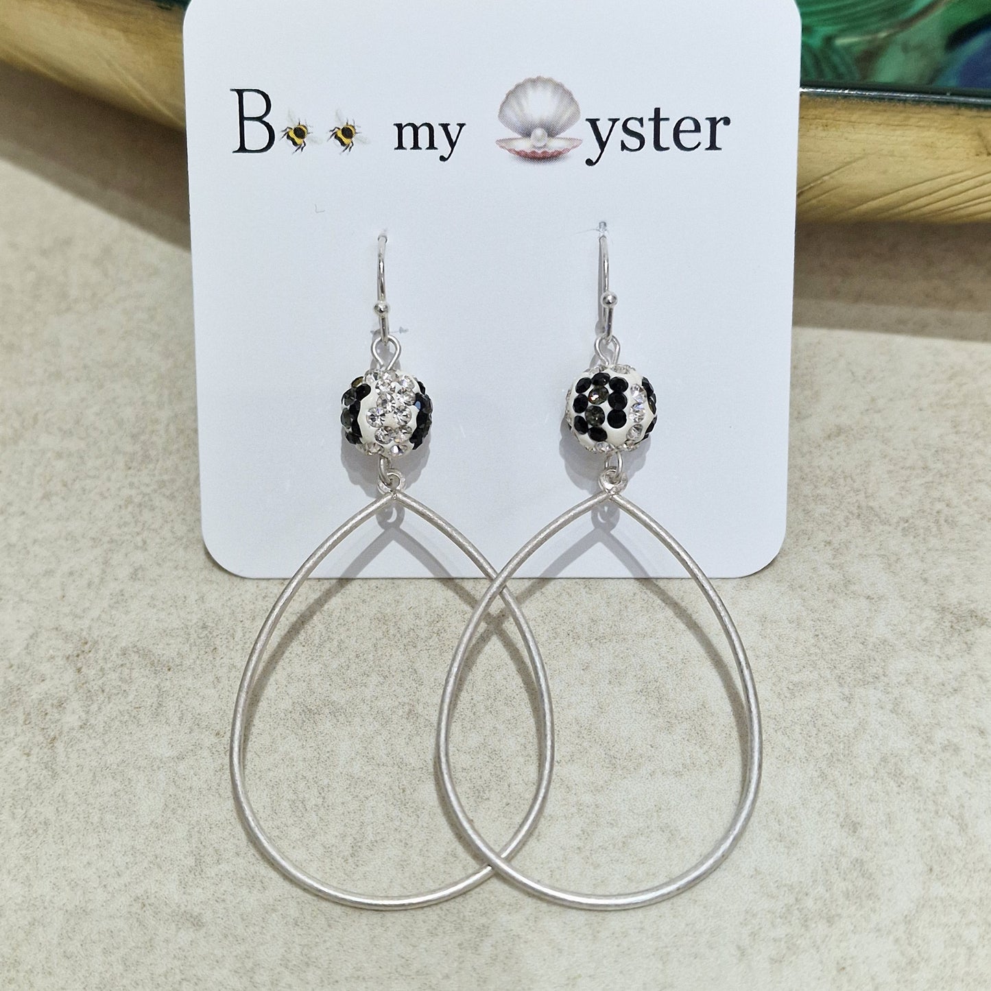Zebra Crystal Ball Pierced Teardrop Hoop Silver Fashion Earrings