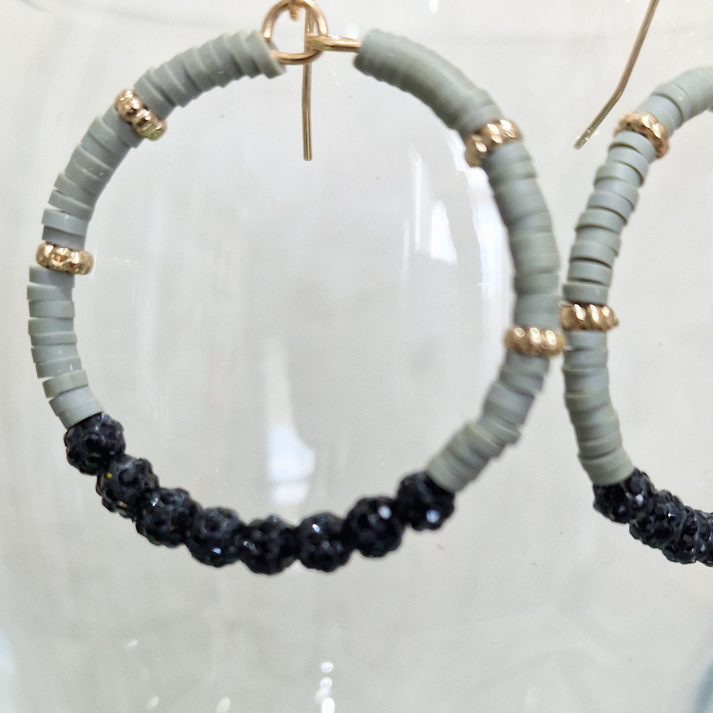 Black Grey Crystal Ball Pierced Hoop Fashion Earrings