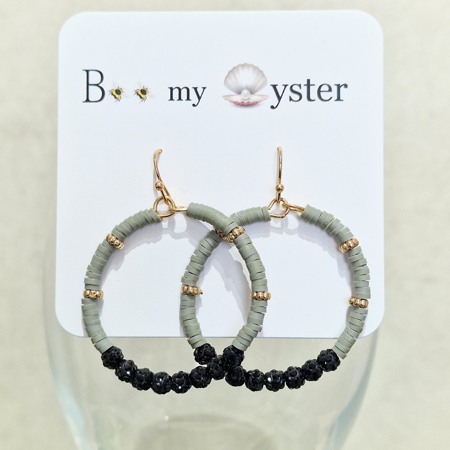 Black Grey Crystal Ball Pierced Hoop Fashion Earrings