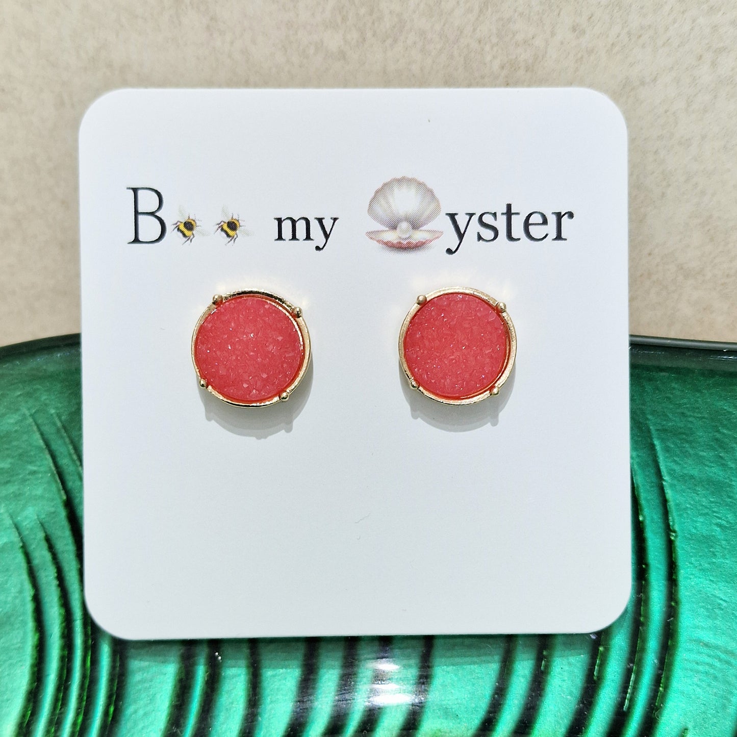 Fushia Pink Druzy Stud Pierced Fashion Earrings