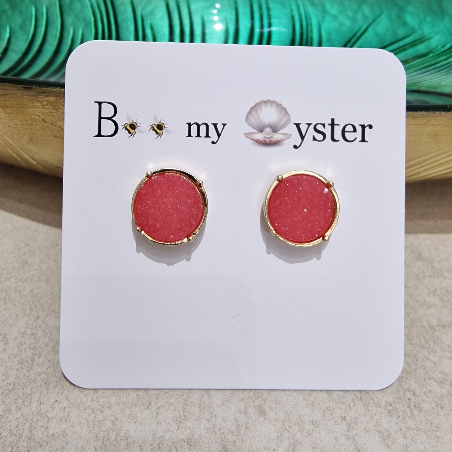 Fushia Pink Druzy Stud Pierced Fashion Earrings