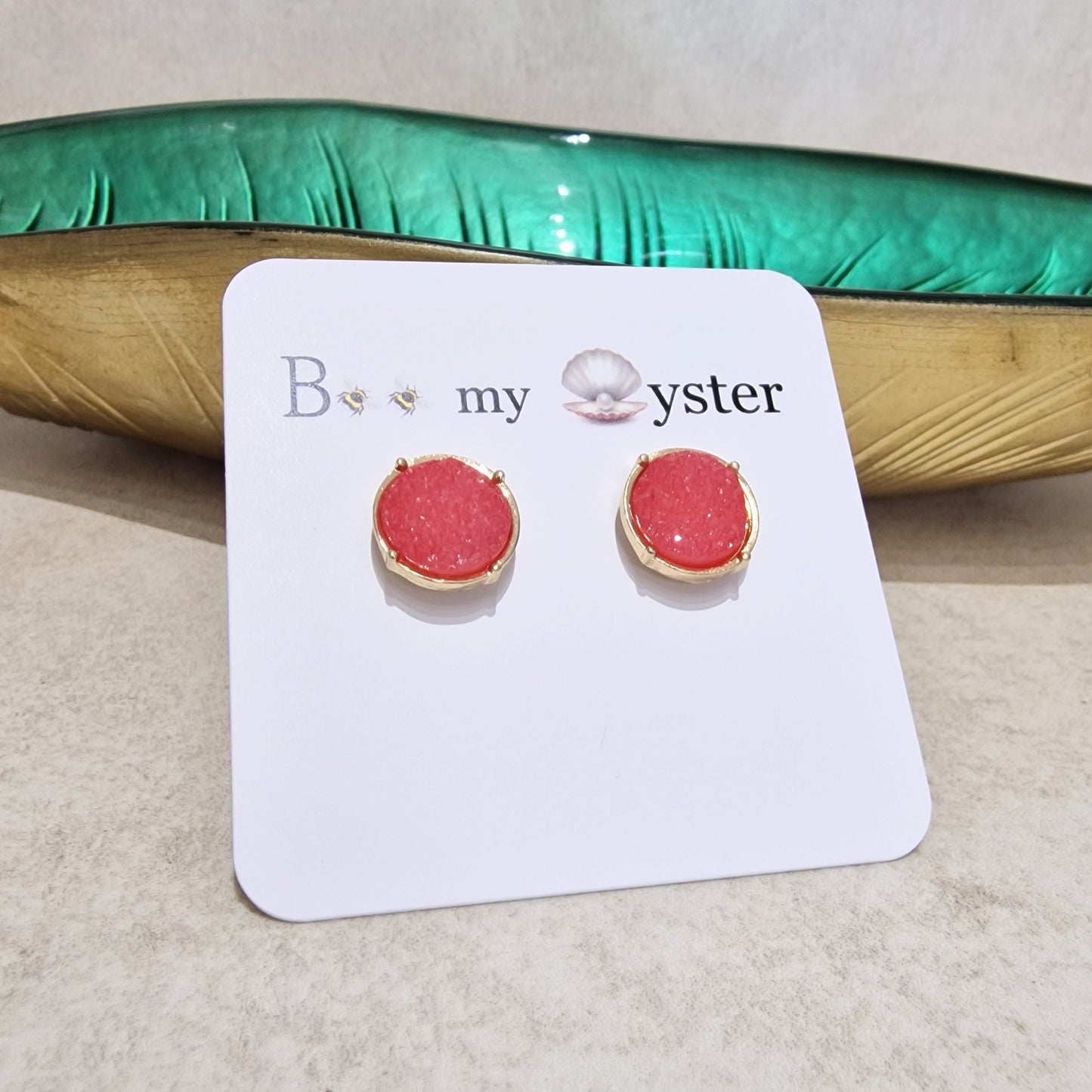 Fushia Pink Druzy Stud Pierced Fashion Earrings