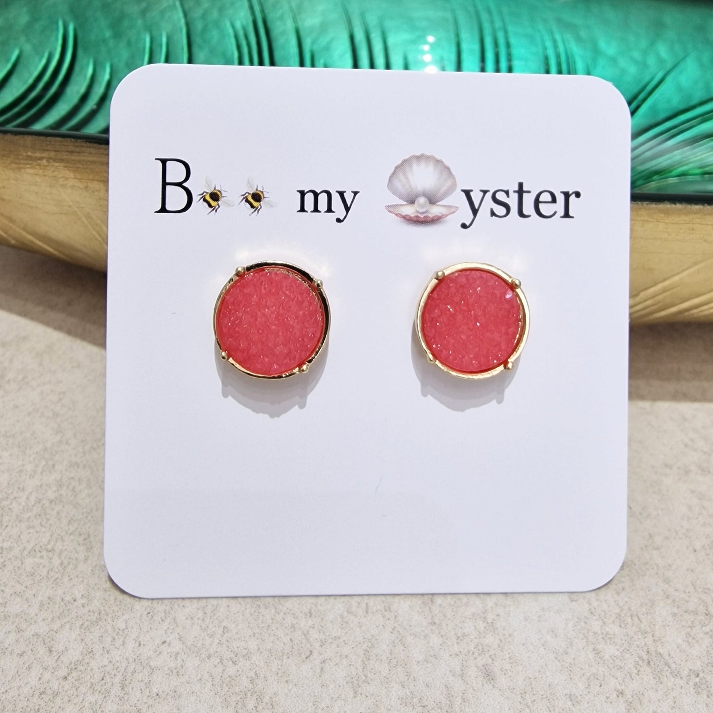 Fushia Pink Druzy Stud Pierced Fashion Earrings