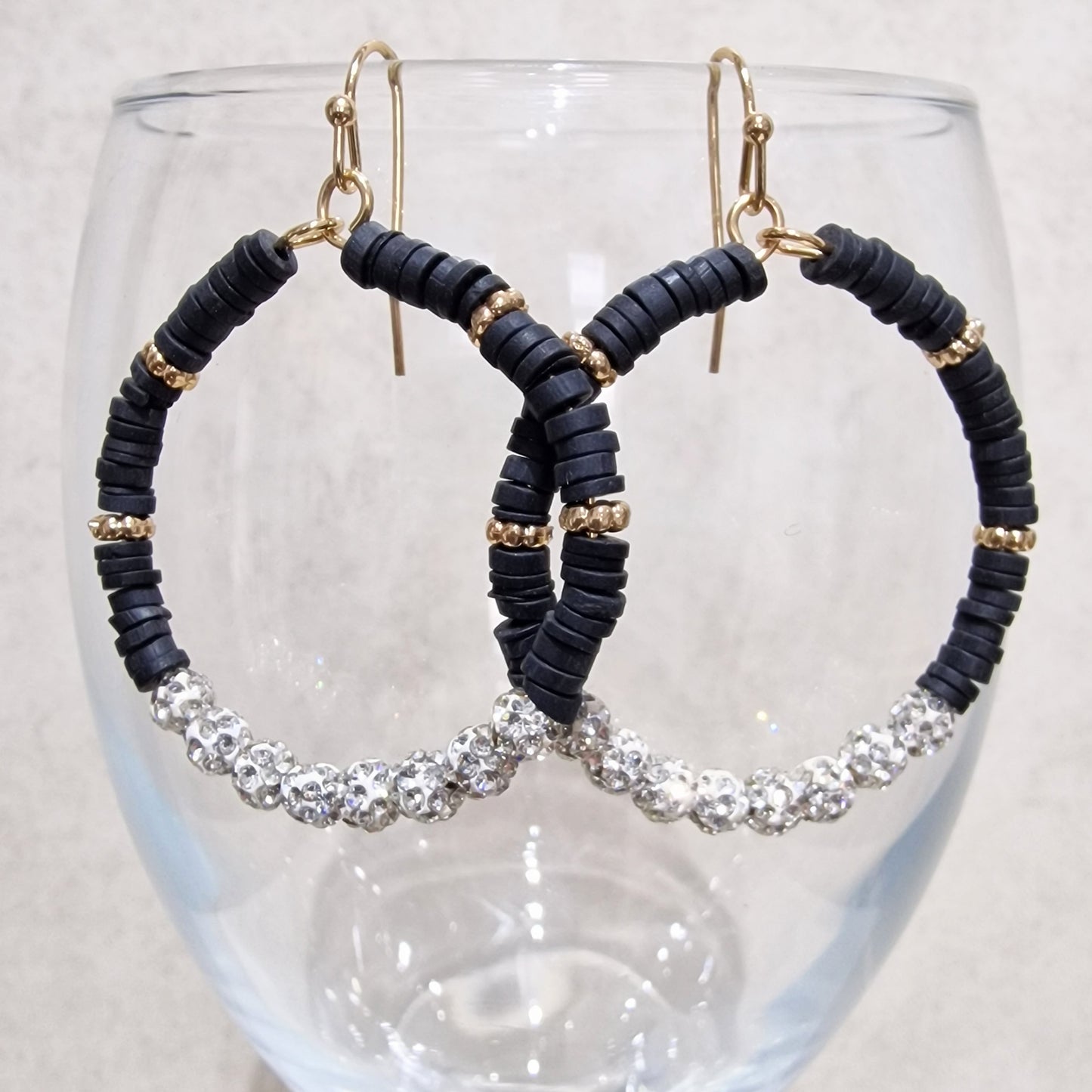 Black Clear Crystal Ball Pierced Hoop Fashion Earrings