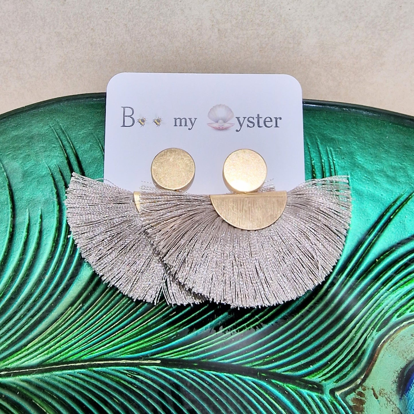 Stylish Taupe Silk Fan Pierced Fashion Earrings