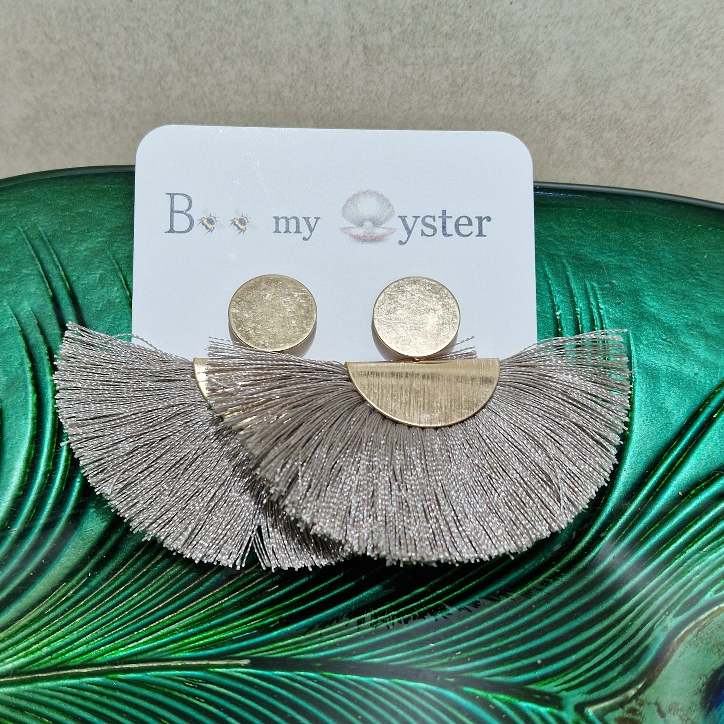 Stylish Taupe Silk Fan Pierced Fashion Earrings