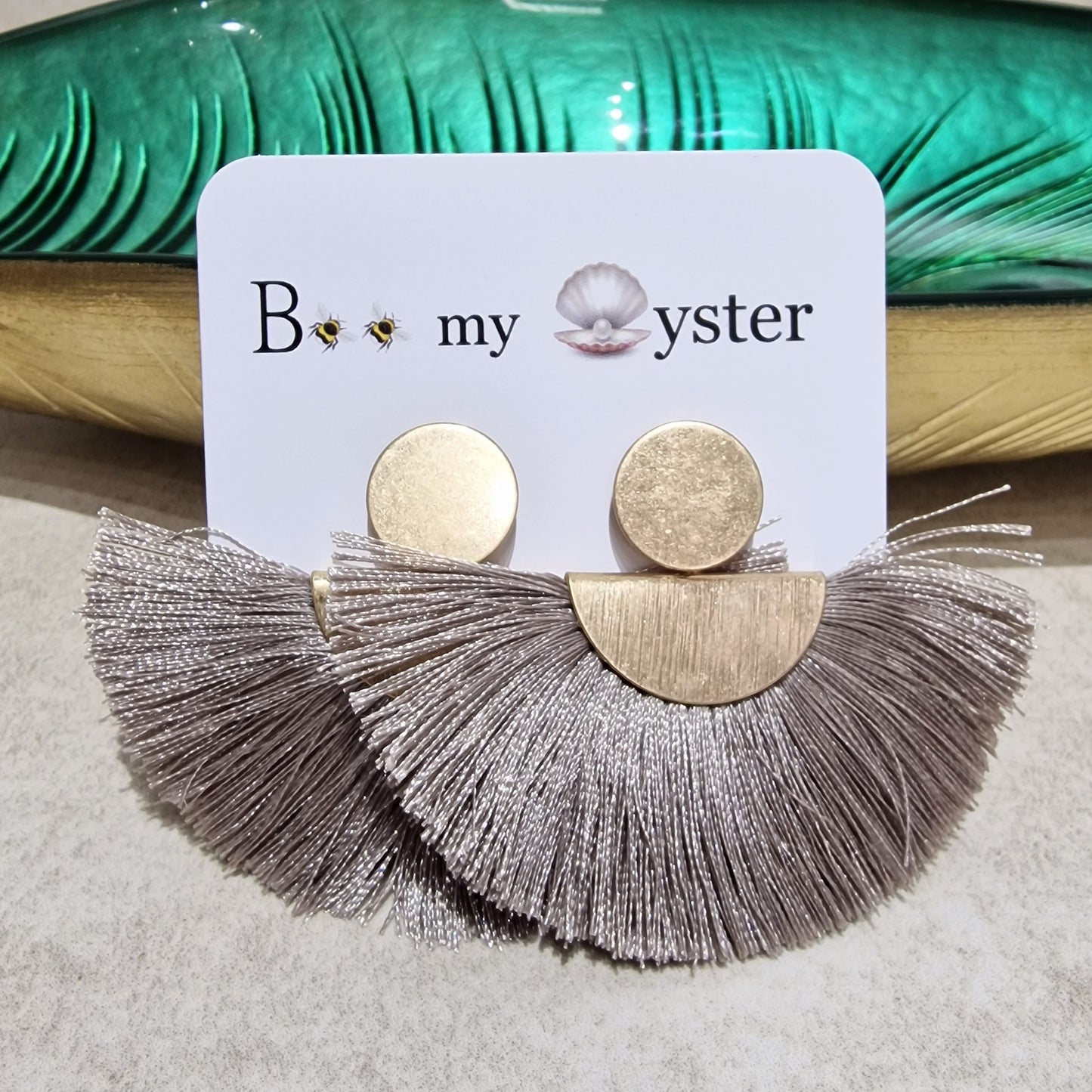 Stylish Taupe Silk Fan Pierced Fashion Earrings