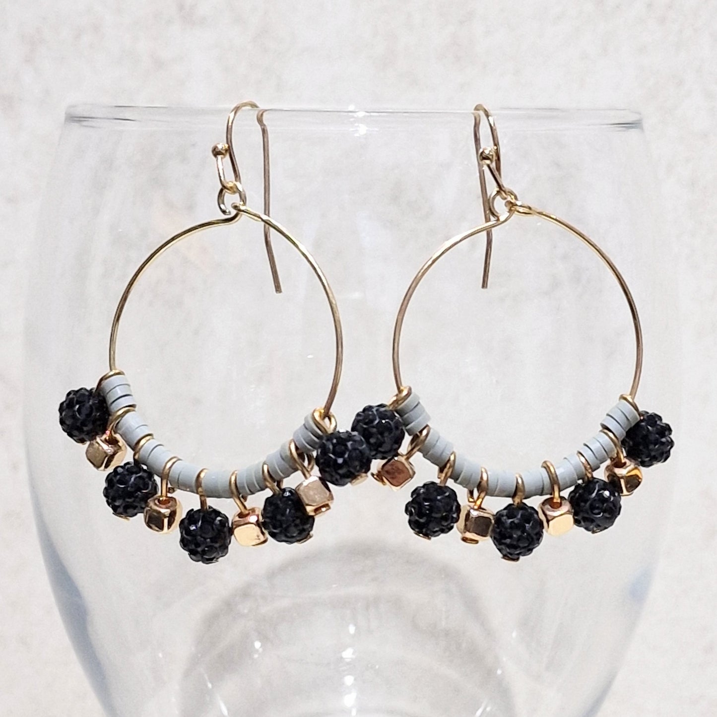 Black Grey Crystal Ball Beaded Pierced Hoop Fashion Earrings