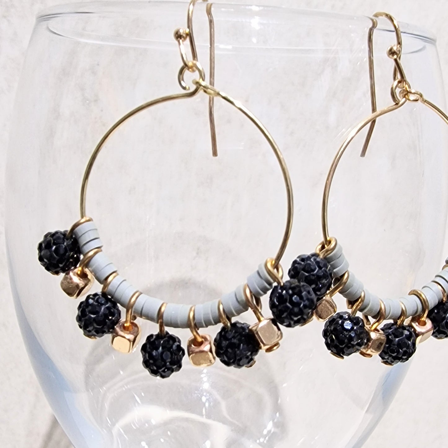 Black Grey Crystal Ball Beaded Pierced Hoop Fashion Earrings