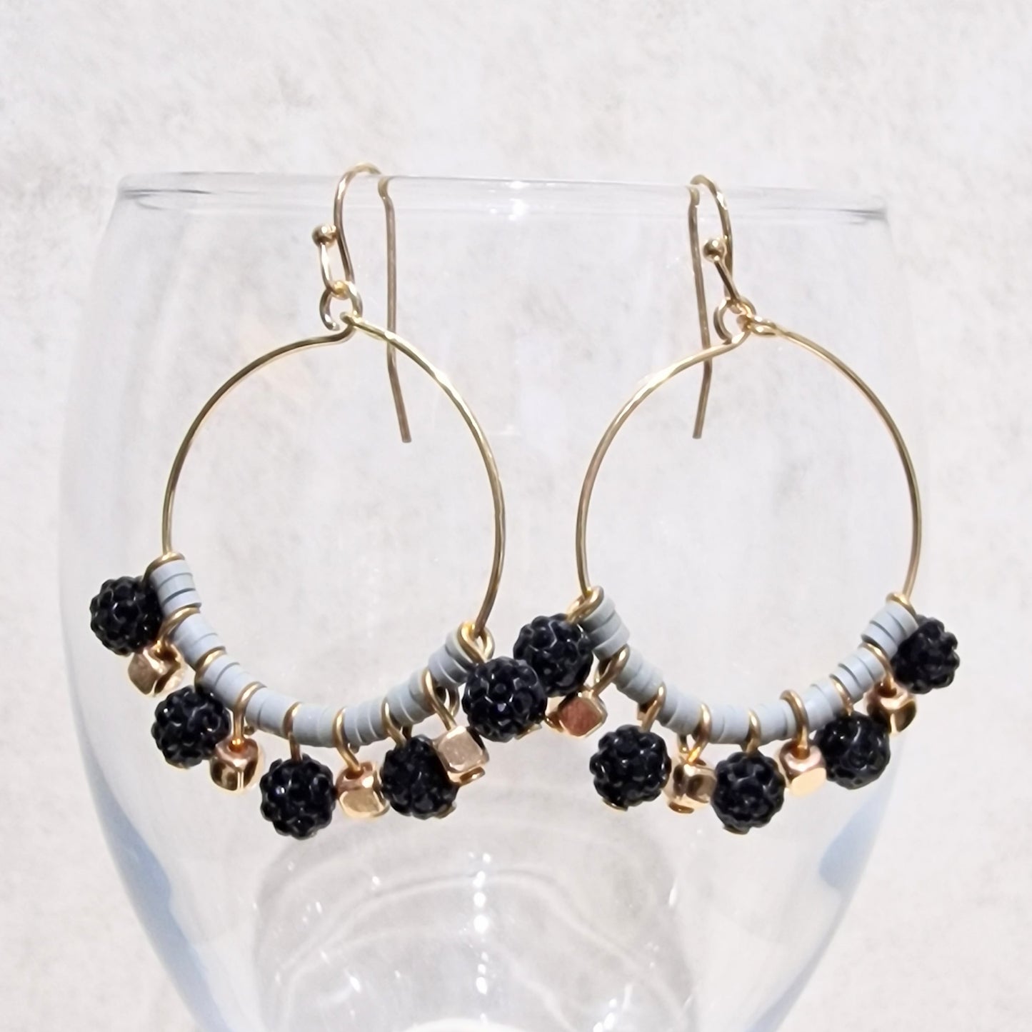 Black Grey Crystal Ball Beaded Pierced Hoop Fashion Earrings