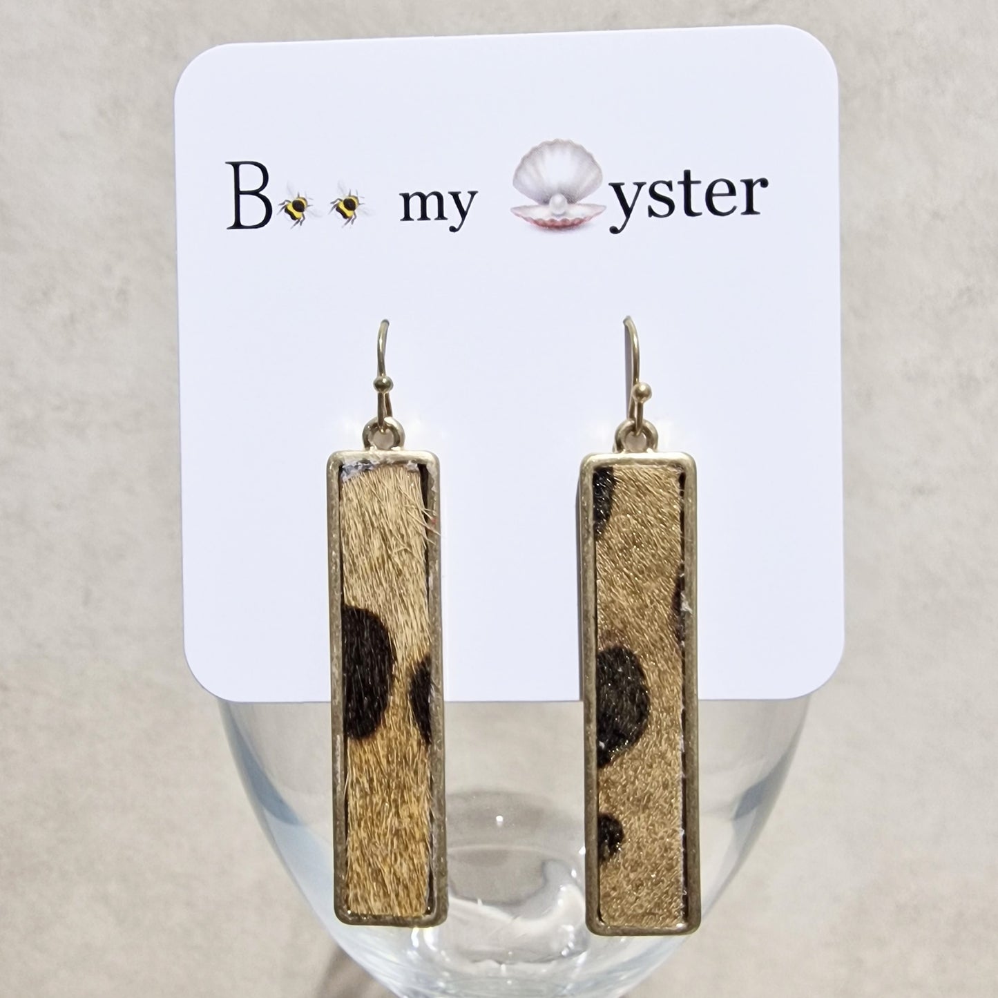 Gold Shimmer Leopard Print Pierced Drop Oblong Fashion Earrings